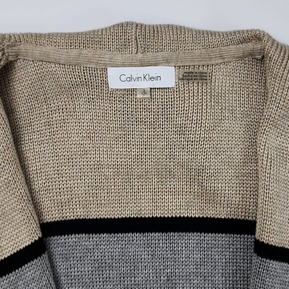 Calvin Klein Colorblock Tan Grey Open Front Long Knit Cardigan Wide Collar Sz S - Picture 7 of 12